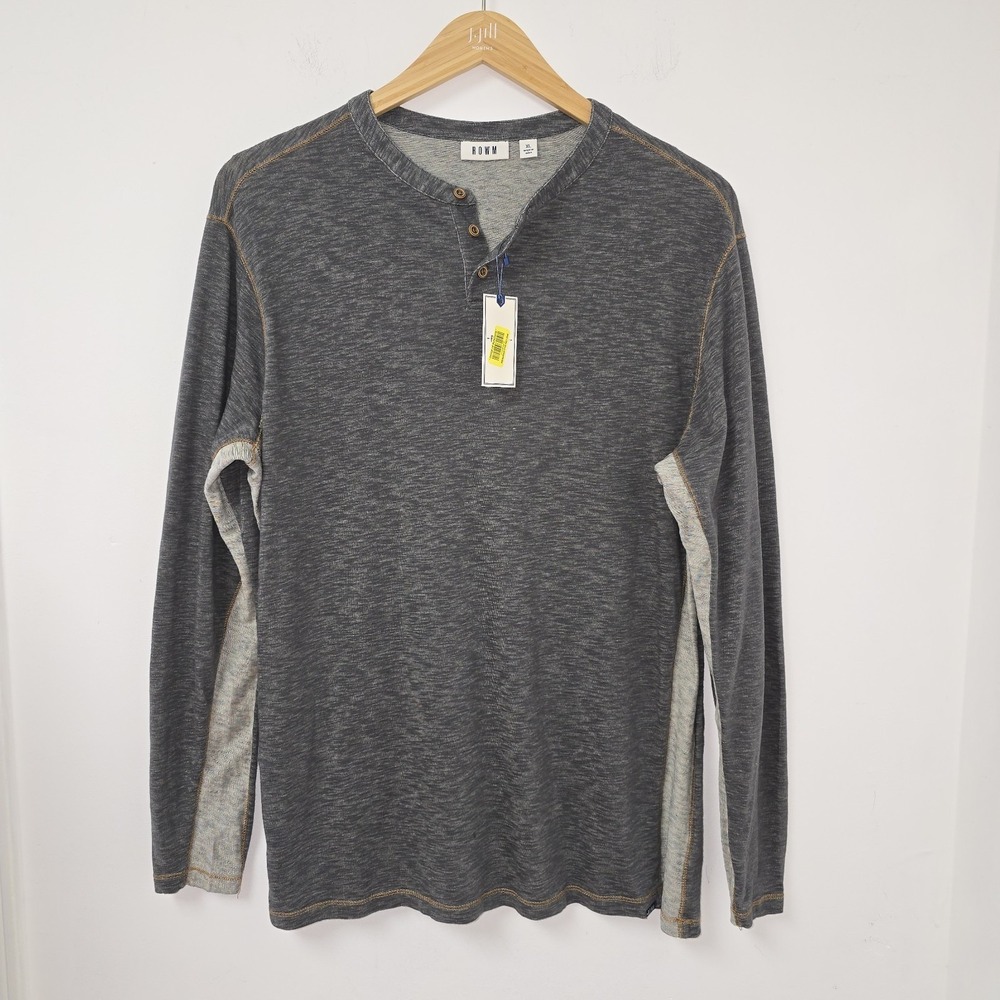 ROWM Mens Shirt Henley Tee Size XL Long Sleeve 100% Cotton Gray Stretch NWT